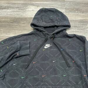 Nike Sportswear Club‎ Fleece Black Mens S Center Swoosh AOP Pullover Hoodie EUC